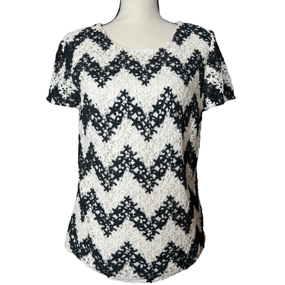 Talbots Tops - Talbots Blouse in Black and Cream Zig-Zag Crochet Lace Short Sleeve Size 6